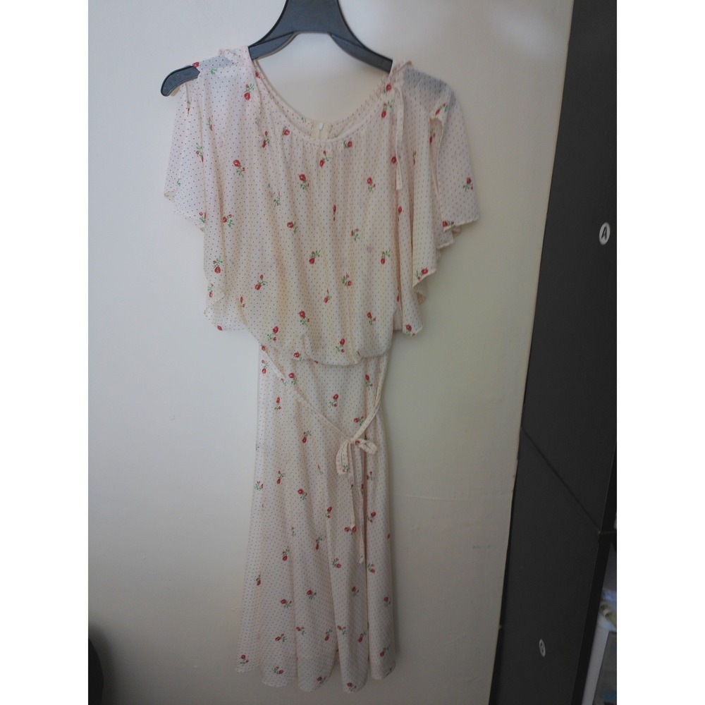 Vintage Floral Polka Dot Dress Womens Cream Red Rose Flutter Sleeve Cottagecore